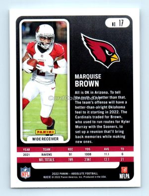 2022 Panini Absolute #17 Marquise Brown Arizona Cardinals