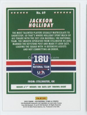 2022 Panini USA Baseball Stars & Stripes #69 Jackson Holliday Silver Foil USA